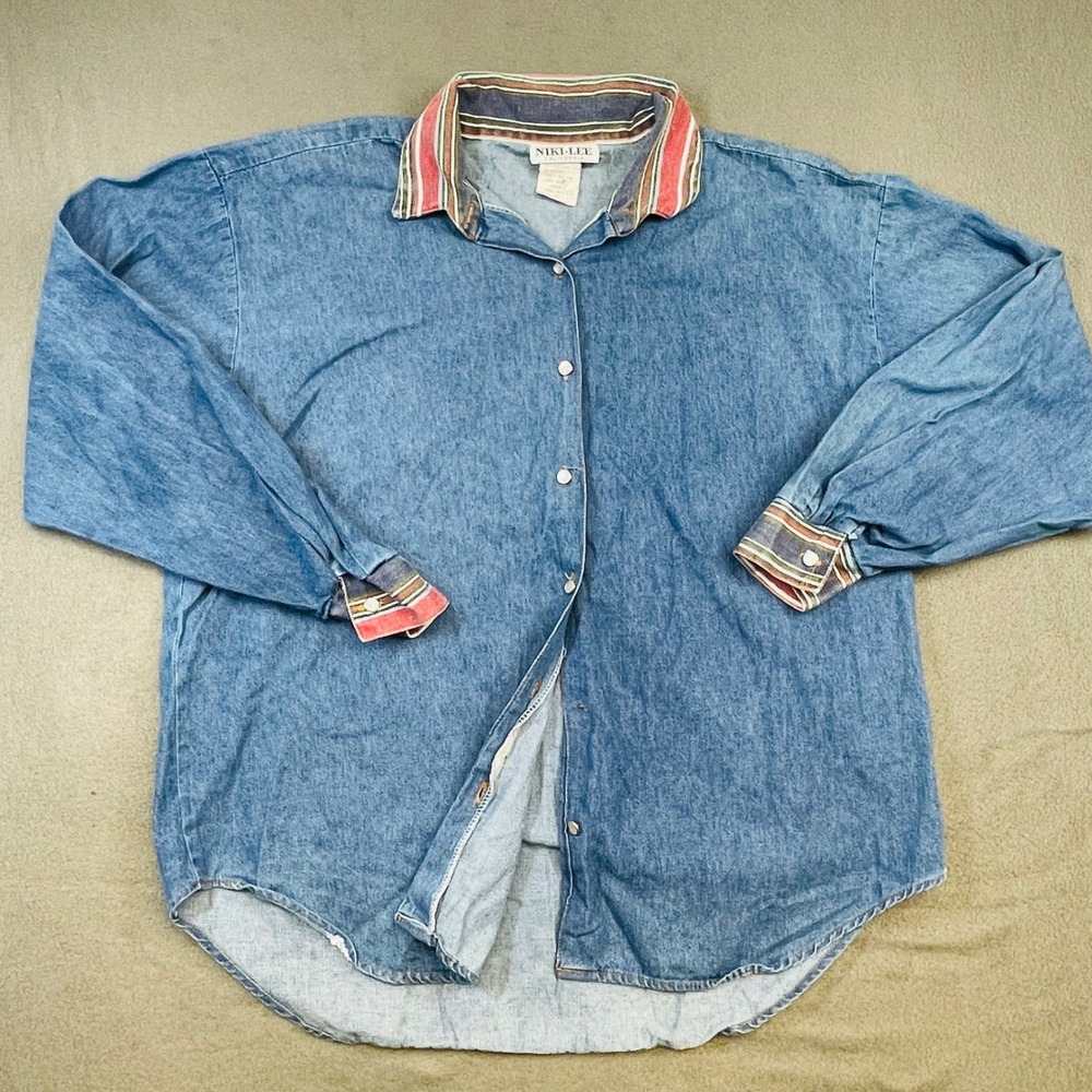 Vintage Niki-Lee California Denim Shirt Striped Collar‎ Made in USA Men's XL